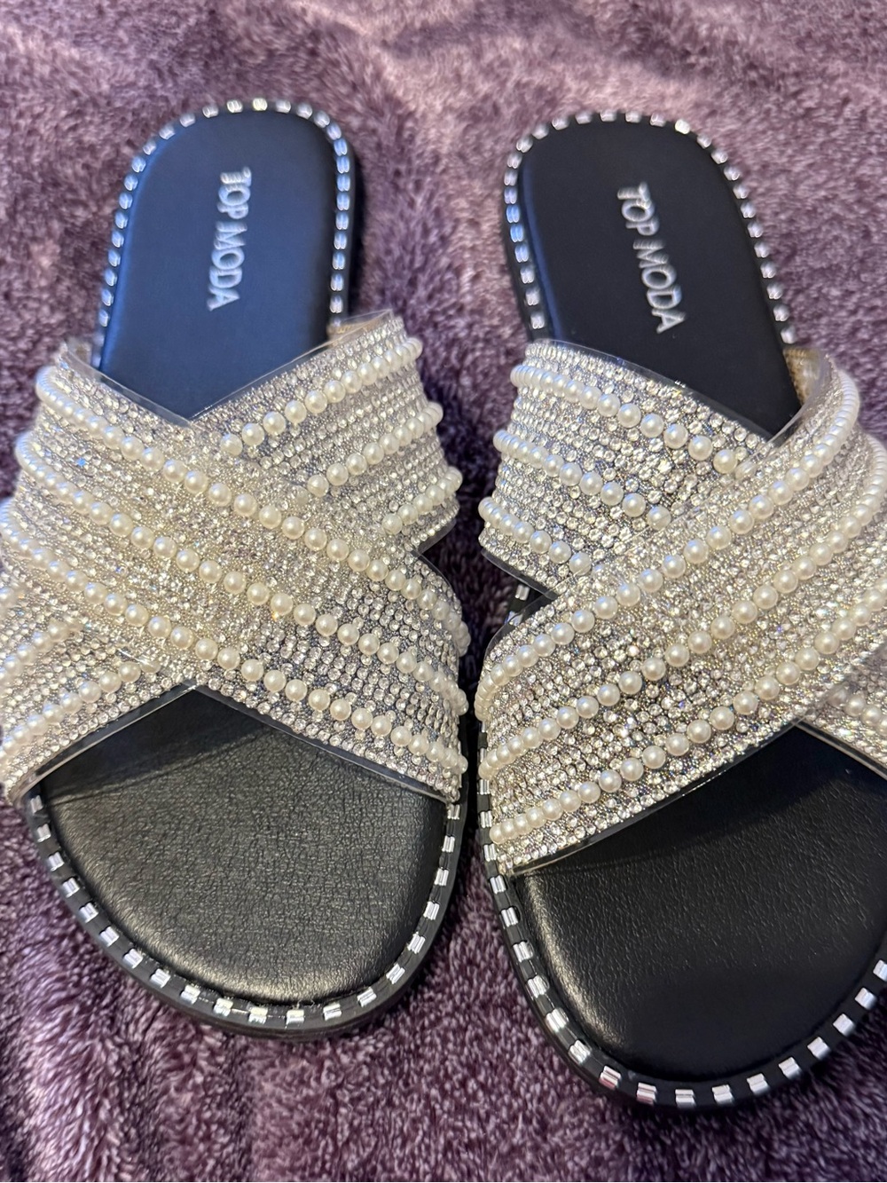 TOP Moda Pearl & Rhinestone Crisscross Slide Sandals in Ivory and Black